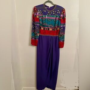 Jack Bryan Rare Vintage Stunning Colorful Long Sleeve Beaded Dress Gown Small